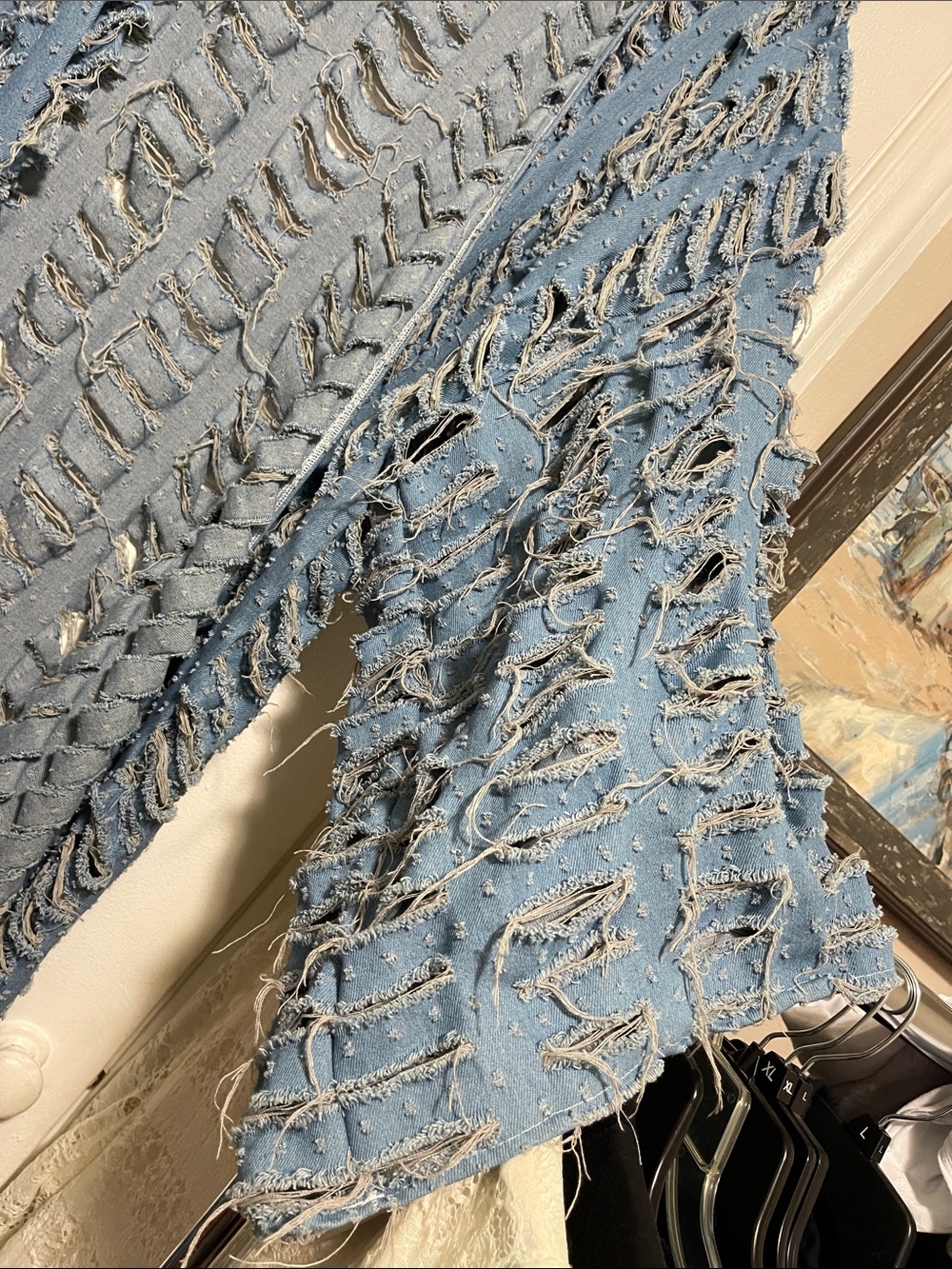 Distressed Open Knit Denim Blue Duster Cardigan - Picture 5 of 6